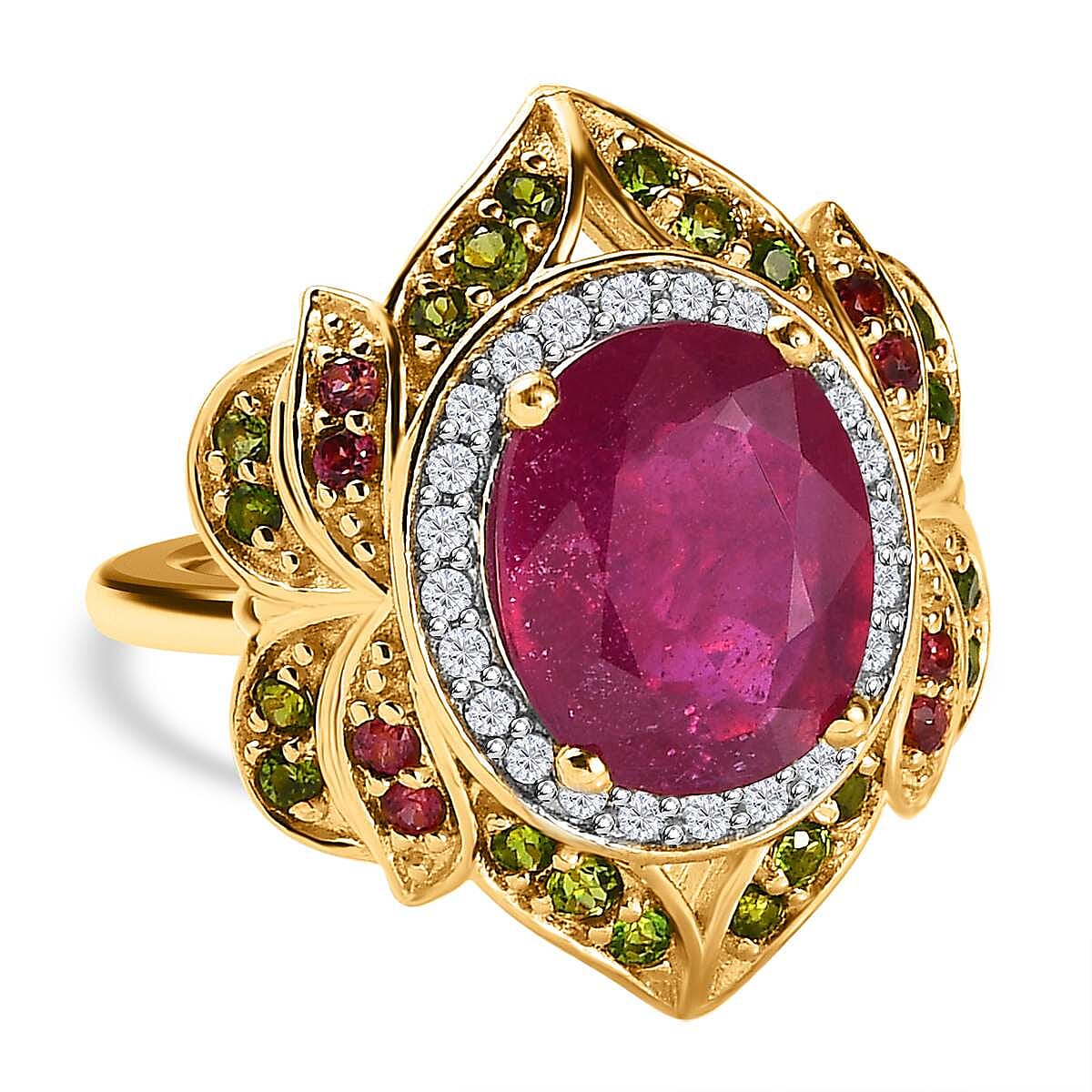 Designer Inspired African Ruby and Multi Gemstone Ring in 18K Gold Vermeil Sterling Silver 6.00 Ct