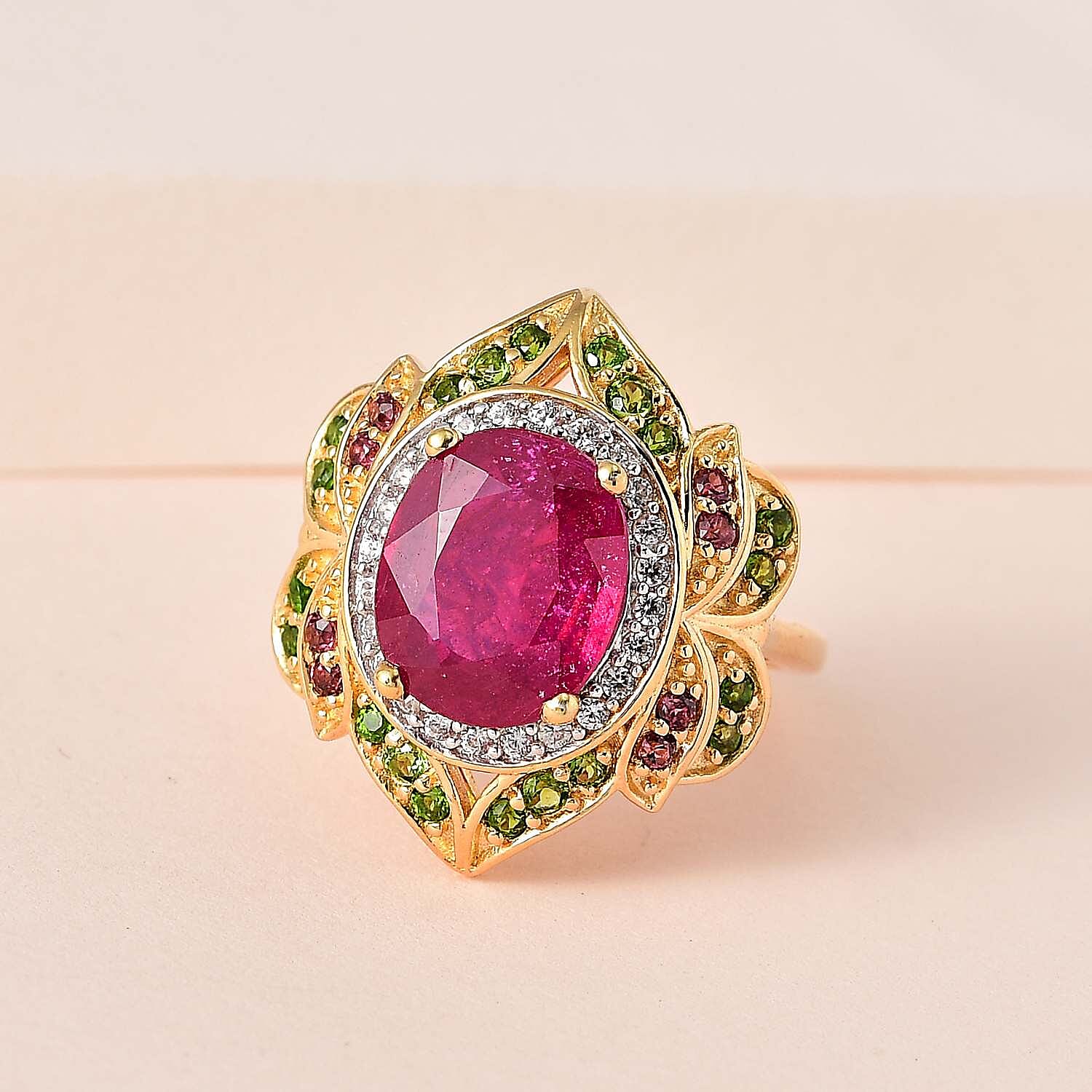 Designer Inspired African Ruby and Multi Gemstone Ring in 18K Gold Vermeil Sterling Silver 6.00 Ct