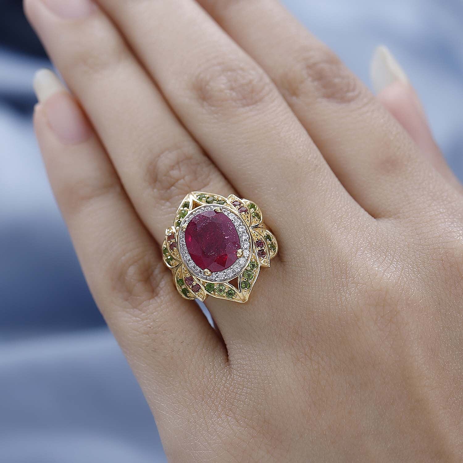 Designer Inspired African Ruby and Multi Gemstone Ring in 18K Gold Vermeil Sterling Silver 6.00 Ct