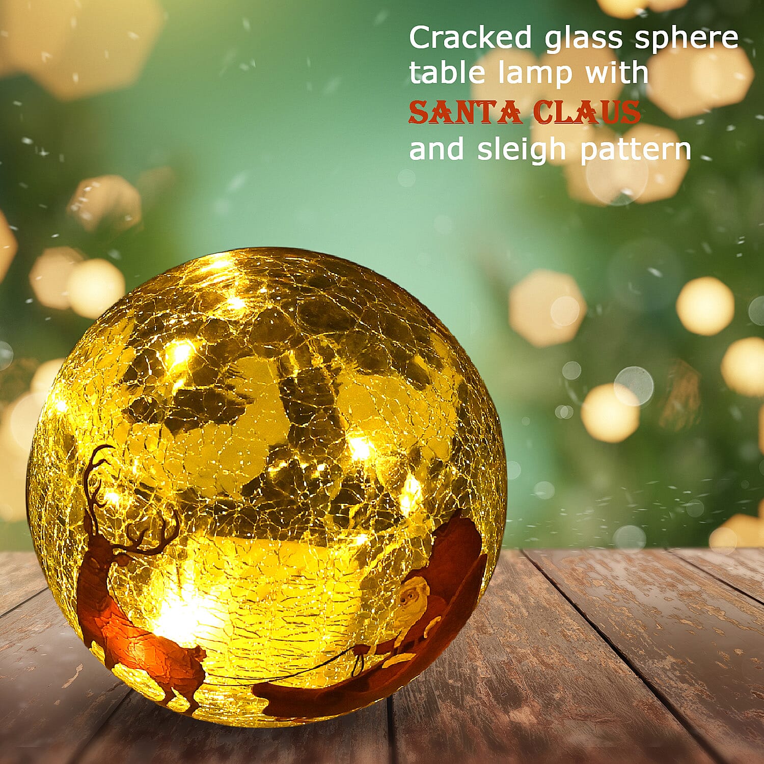  Cracked Glass Sphere Table Lamp with Santa Claus & Sleigh Pattern (Size 15x15x14 Cm) - Multi