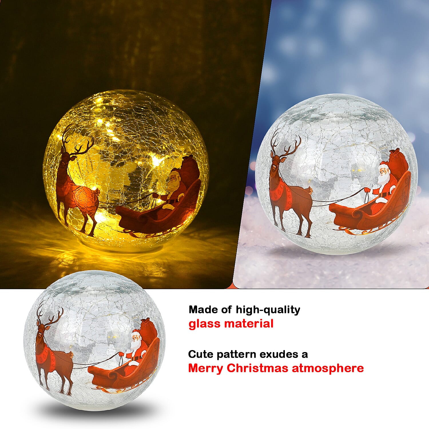  Cracked Glass Sphere Table Lamp with Santa Claus & Sleigh Pattern (Size 15x15x14 Cm) - Multi