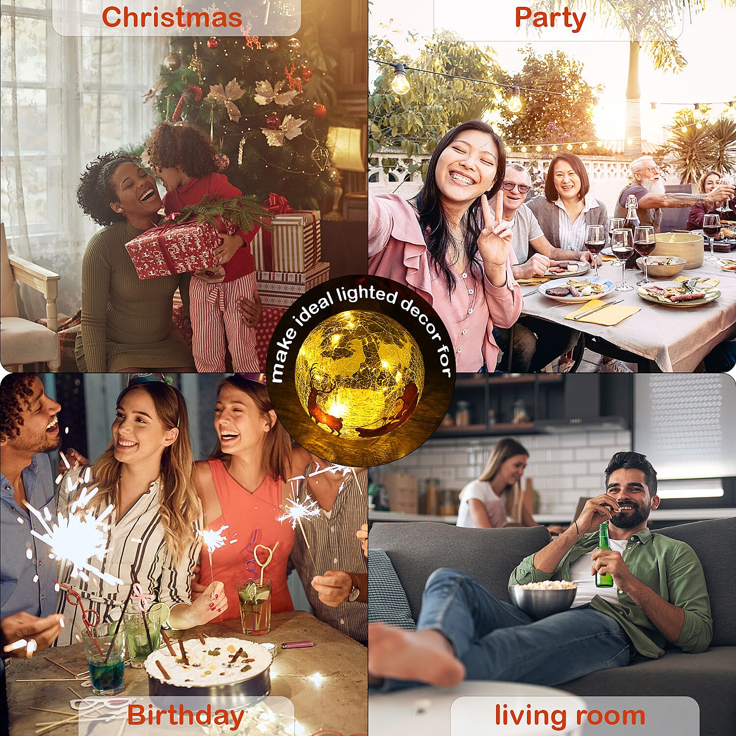  Cracked Glass Sphere Table Lamp with Santa Claus & Sleigh Pattern (Size 15x15x14 Cm) - Multi