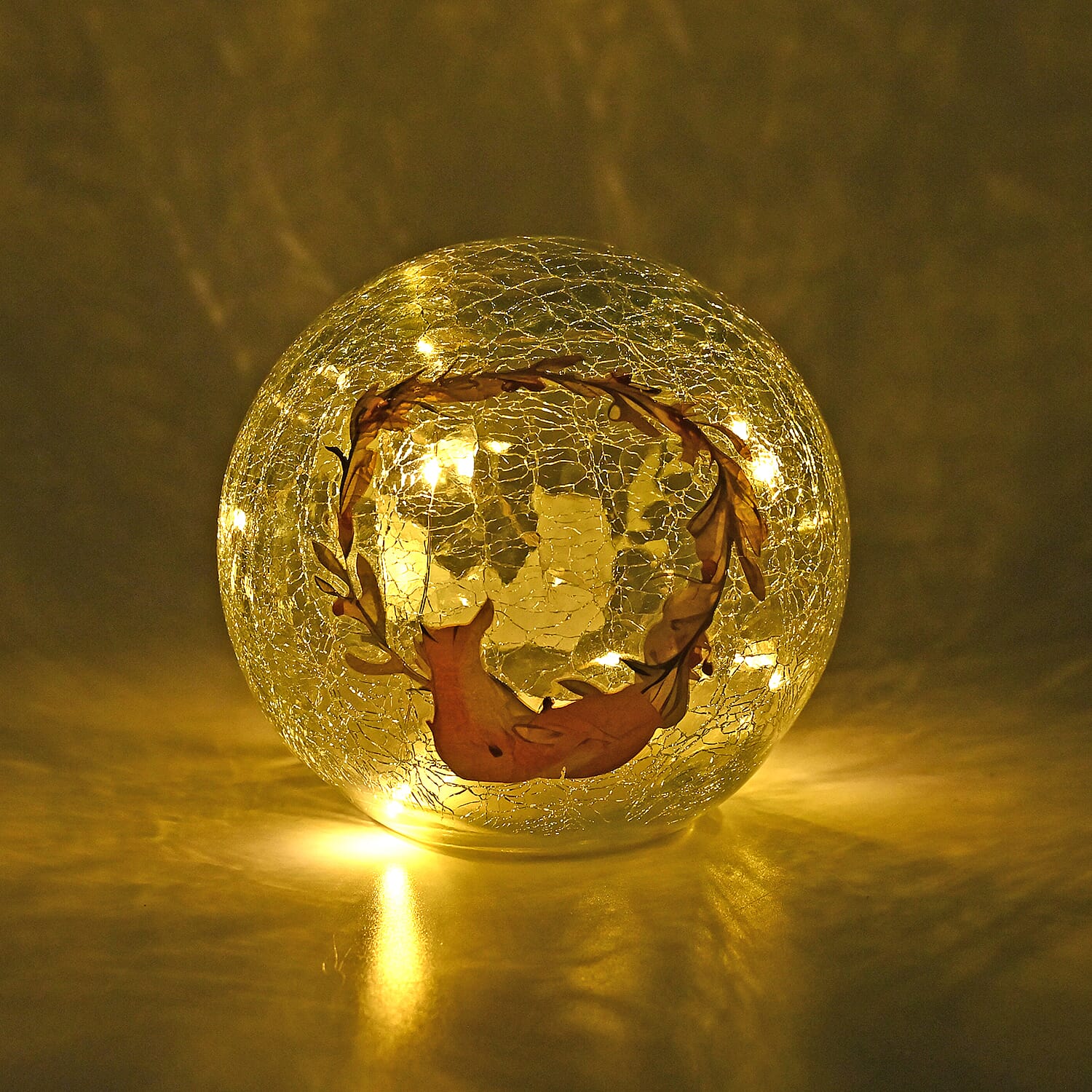 Cracked Glass Sphere Table Lamp with Foxes & Christmas Wreath Pattern (Size 15x15x14 Cm) - Multi