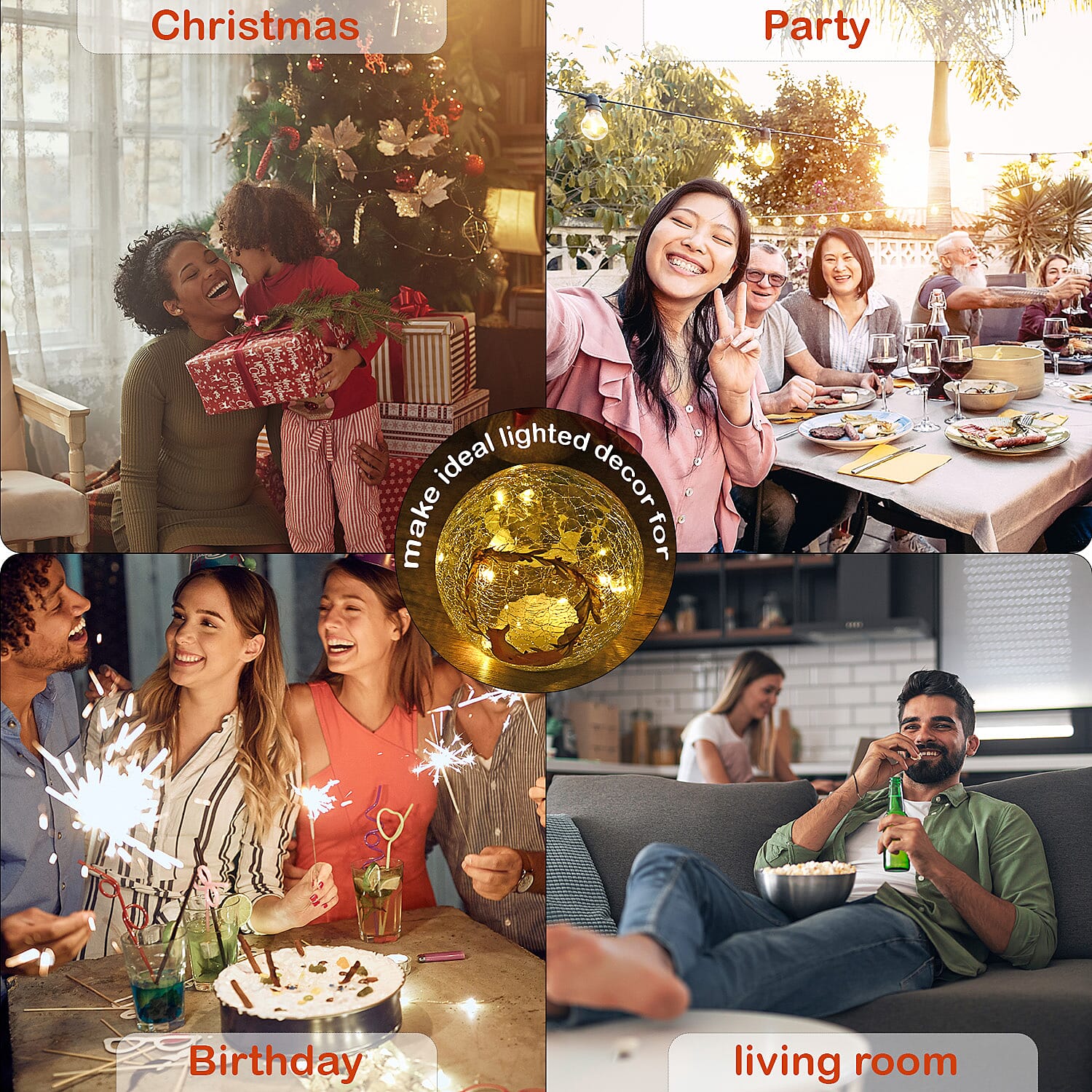 Cracked Glass Sphere Table Lamp with Foxes & Christmas Wreath Pattern (Size 15x15x14 Cm) - Multi