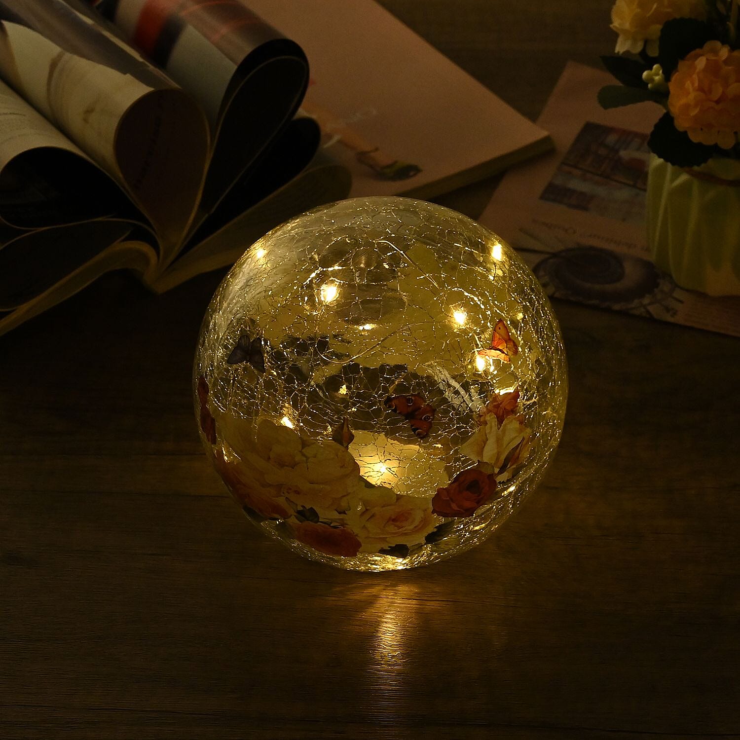 Cracked Glass Sphere Floral & Butterfly Pattern LED Copper Wire Table Lamp (10L) - Multi (Battery - 3XAAA Inc.)