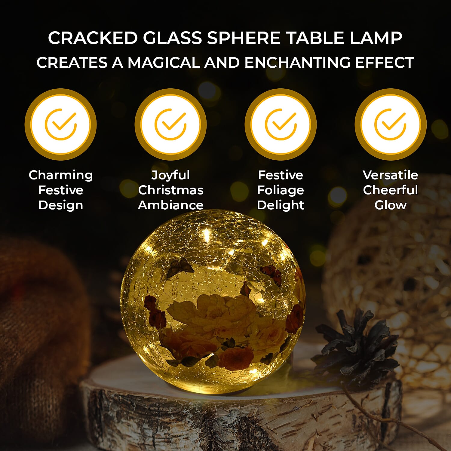 Cracked Glass Sphere Floral & Butterfly Pattern LED Copper Wire Table Lamp (10L) - Multi (Battery - 3XAAA Inc.)