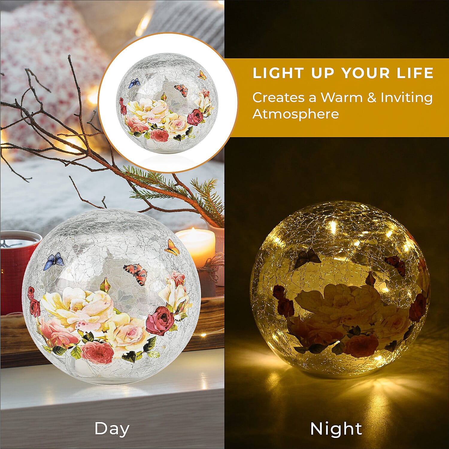 Cracked Glass Sphere Floral & Butterfly Pattern LED Copper Wire Table Lamp (10L) - Multi (Battery - 3XAAA Inc.)