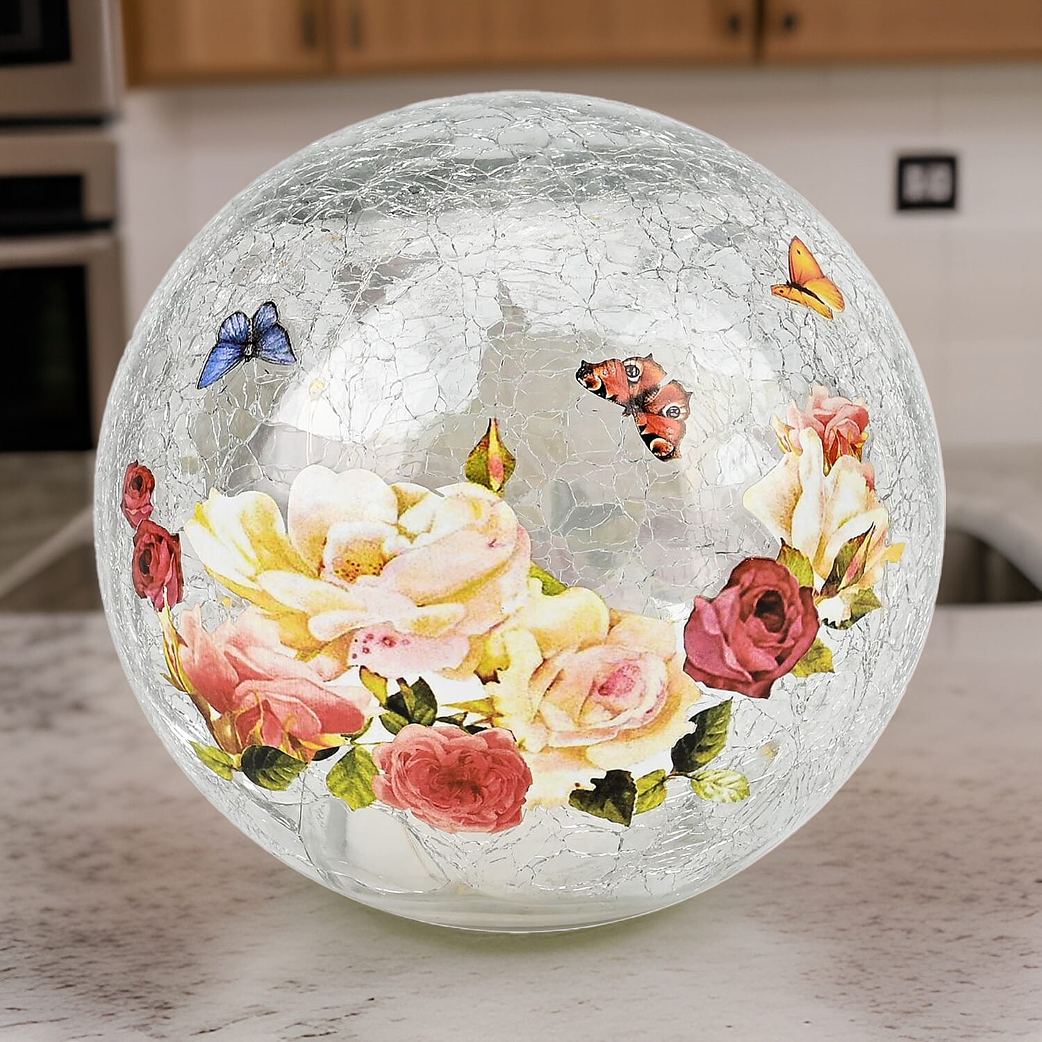 Cracked Glass Sphere Floral & Butterfly Pattern LED Copper Wire Table Lamp (10L) - Multi (Battery - 3XAAA Inc.)