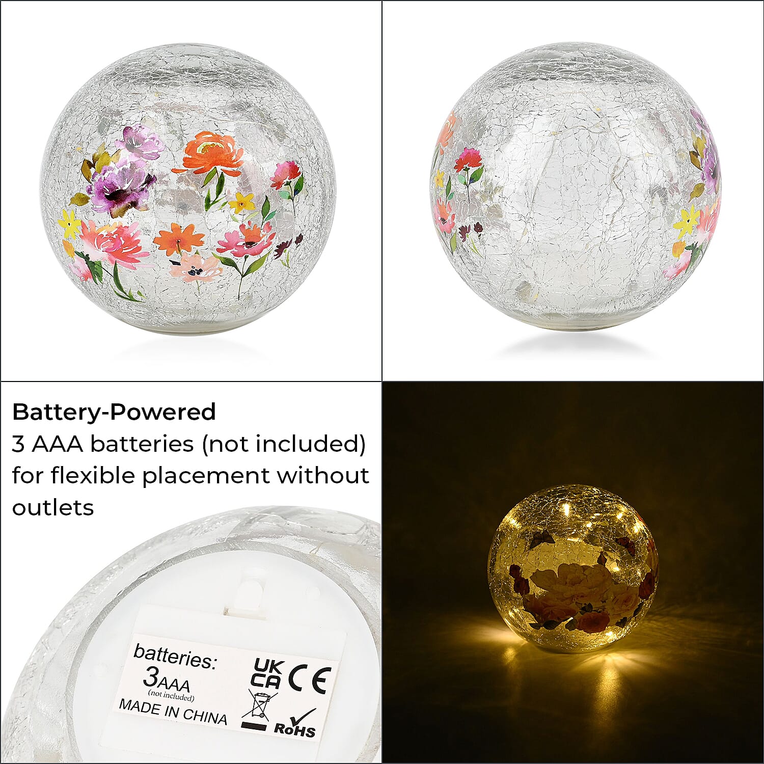 Cracked Glass Sphere Floral & Butterfly Pattern LED Copper Wire Table Lamp (10L) - Multi (Battery - 3XAAA Inc.)