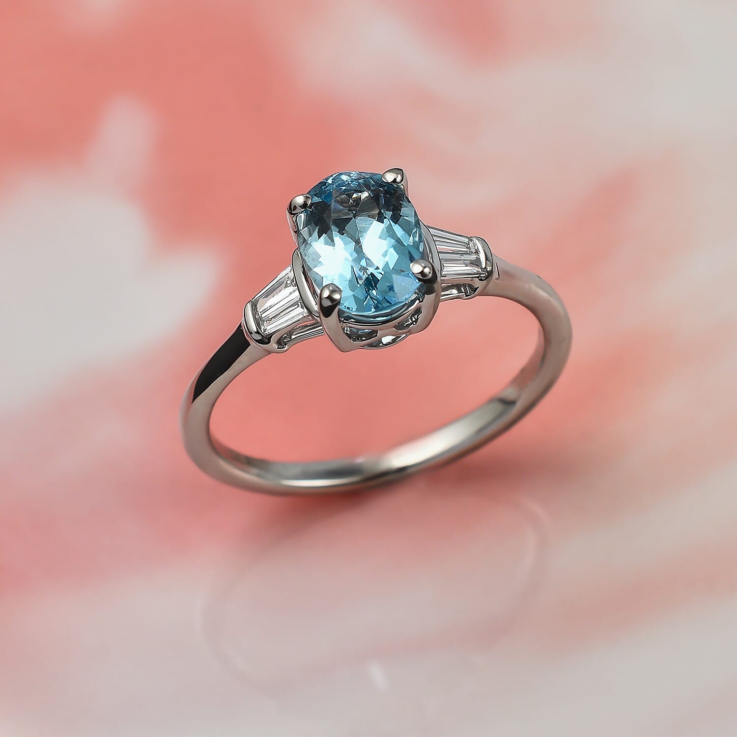 900 Platinum AAAA Santa Maria Aquamarine (Oval 1.25 Cs) and Diamond (VS-I1-F-G) Ring 1.40 Ct.