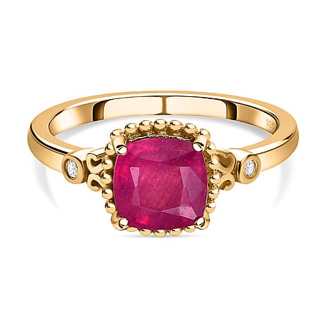 Antique Cushion Cut Premium Ruby & Diamond Ring in 18K Vermeil Yellow Gold Plated Sterling Silver 2.34 Ct.