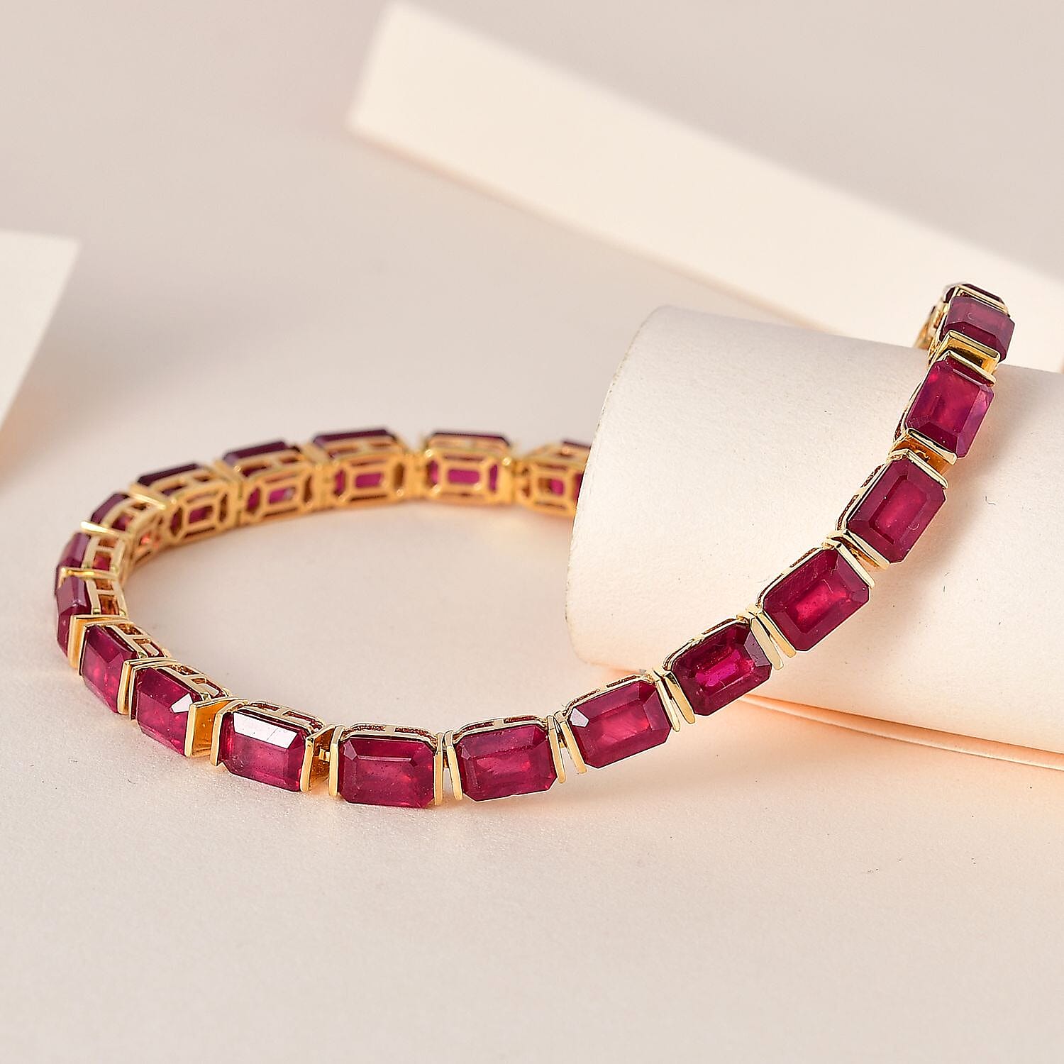 African Ruby Tennis Bracelet (Size - 7.5) in 18K Vermeil Yellow Gold Plated Sterling Silver 32.23 Ct, Silver Wt. 11.78 Gms