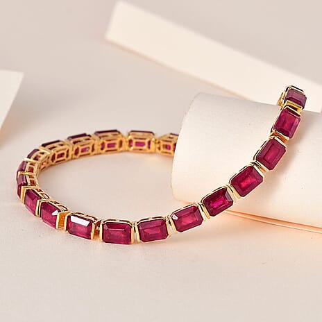 African Ruby Tennis Bracelet (Size - 7.5) in 18K Vermeil Yellow Gold Plated Sterling Silver 32.23 Ct, Silver Wt. 11.78 Gms
