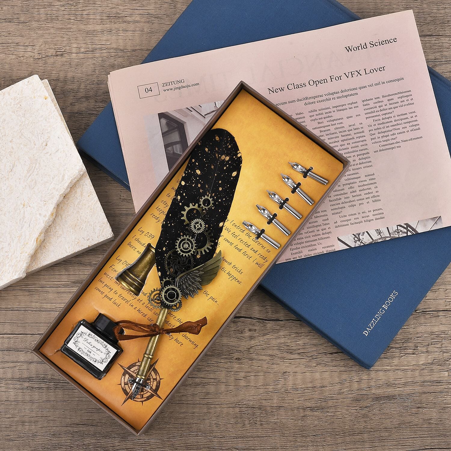  Vintage Carving Feather Pen Gift Box - Navy, Black & Gold