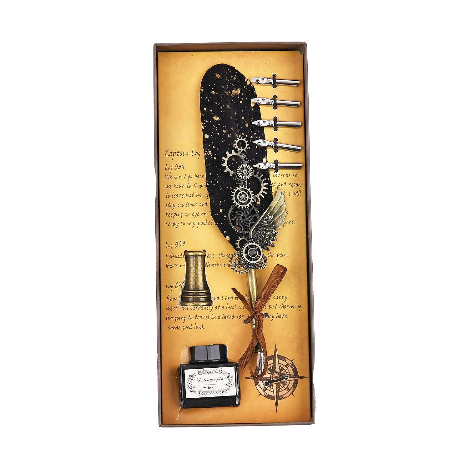  Vintage Carving Feather Pen Gift Box - Navy, Black & Gold