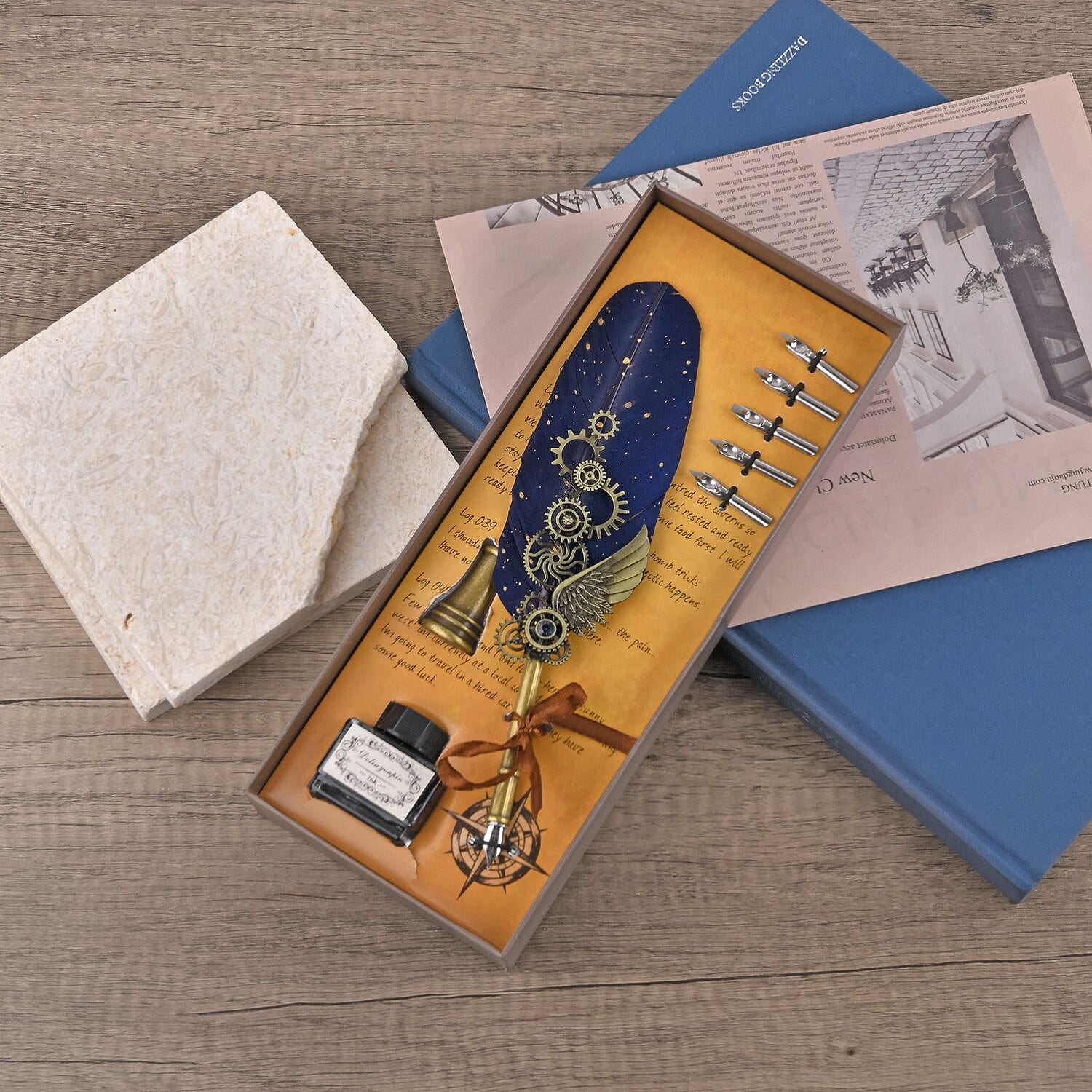 Vintage Carving Feather Pen Gift Box - Navy, Black & Gold
