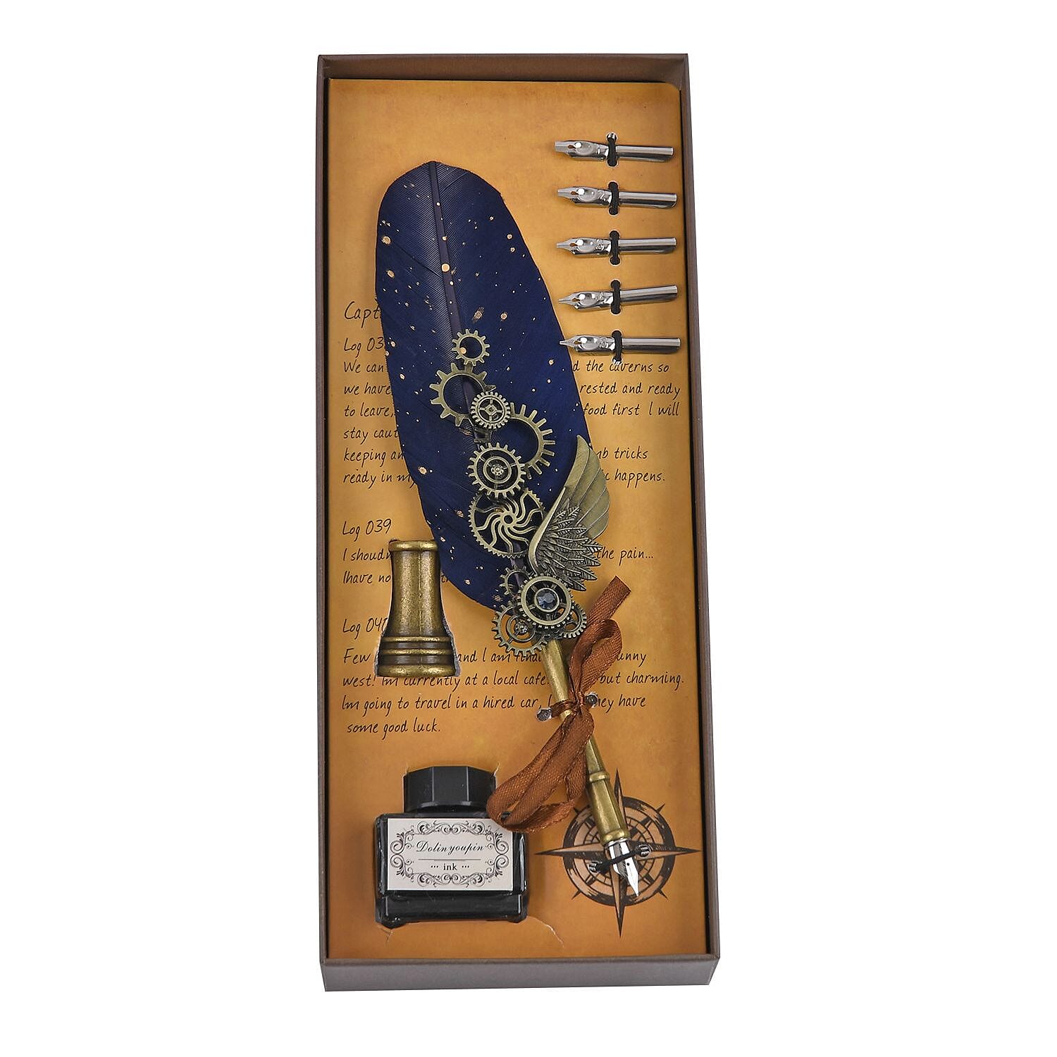 Vintage Carving Feather Pen Gift Box - Navy, Black & Gold