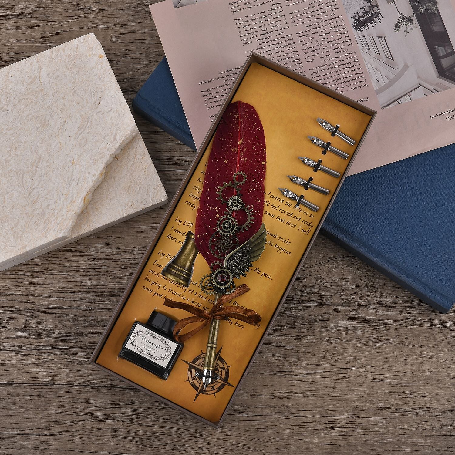 Vintage Carving Feather Pen Gift Box - Red, Black & Gold
