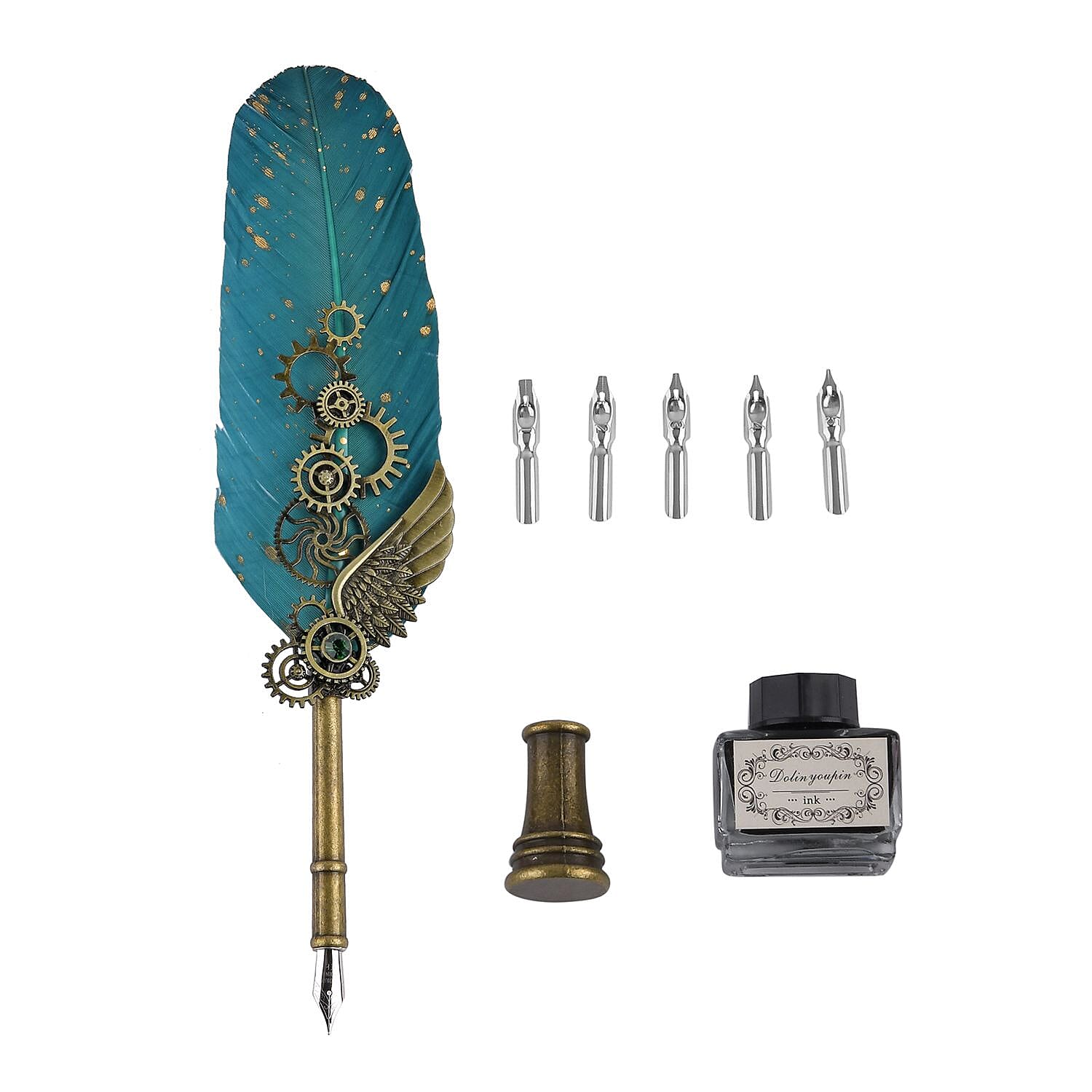 Vintage Carving Feather Pen Gift Box - Green, Black - Gold