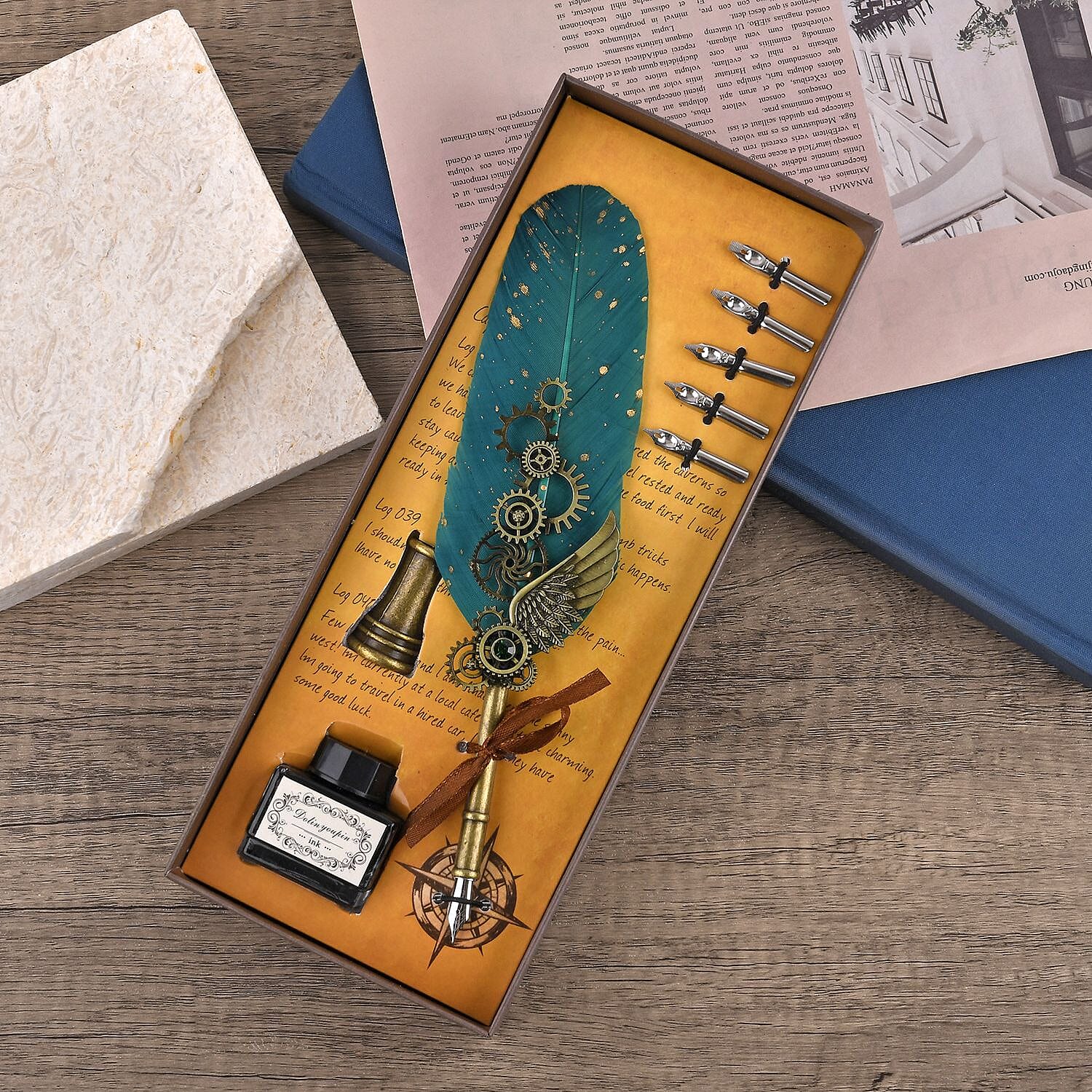Vintage Carving Feather Pen Gift Box - Green, Black - Gold