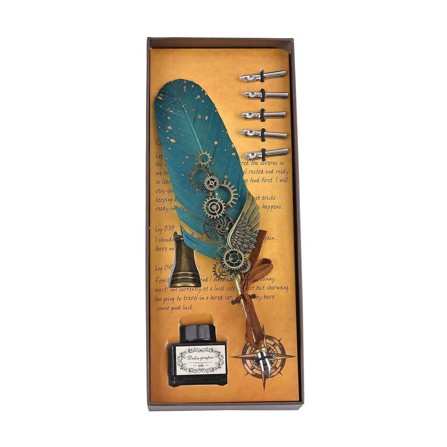 Vintage Carving Feather Pen Gift Box - Green, Black - Gold