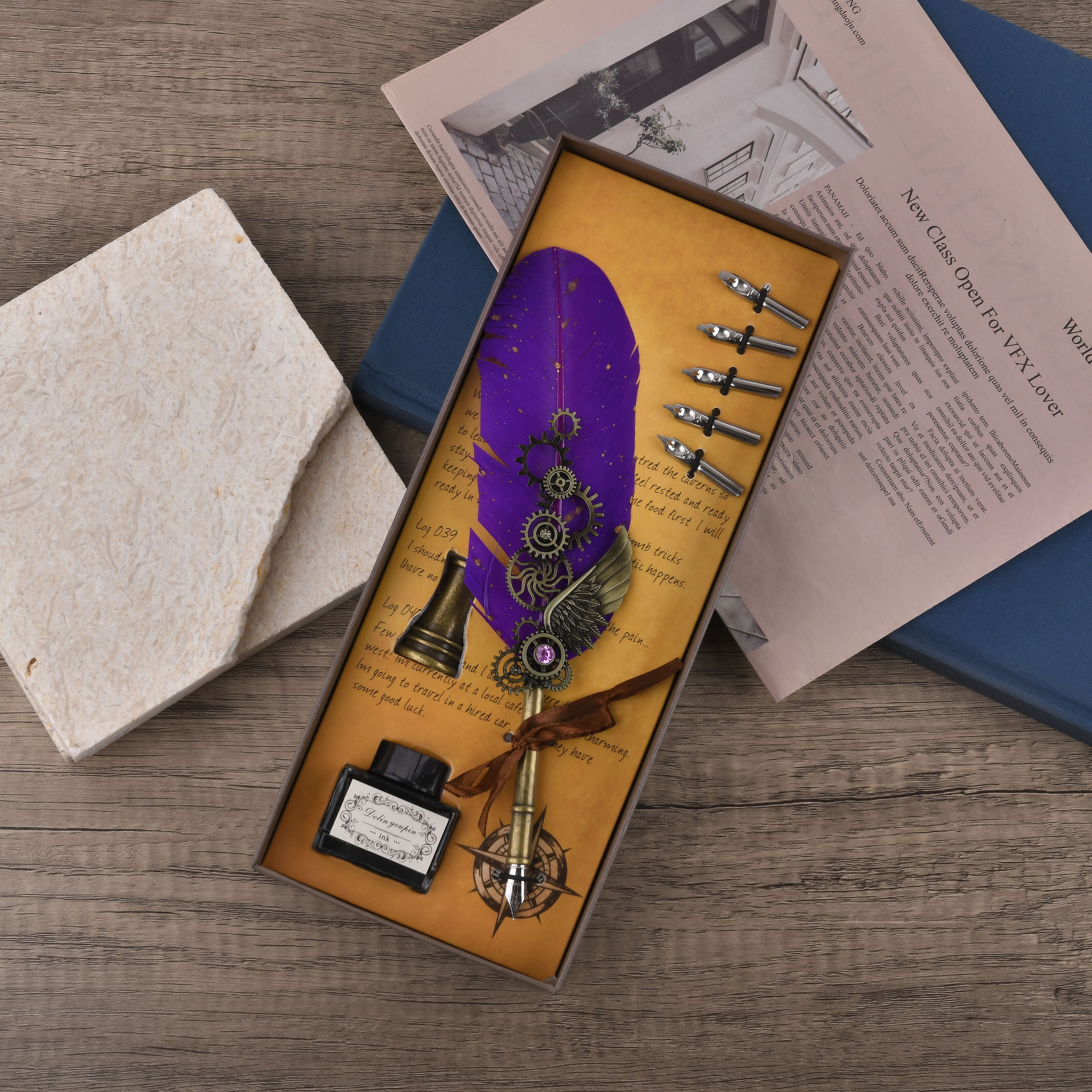 Vintage Carving Feather Pen Gift Box - Purple, Black & Gold