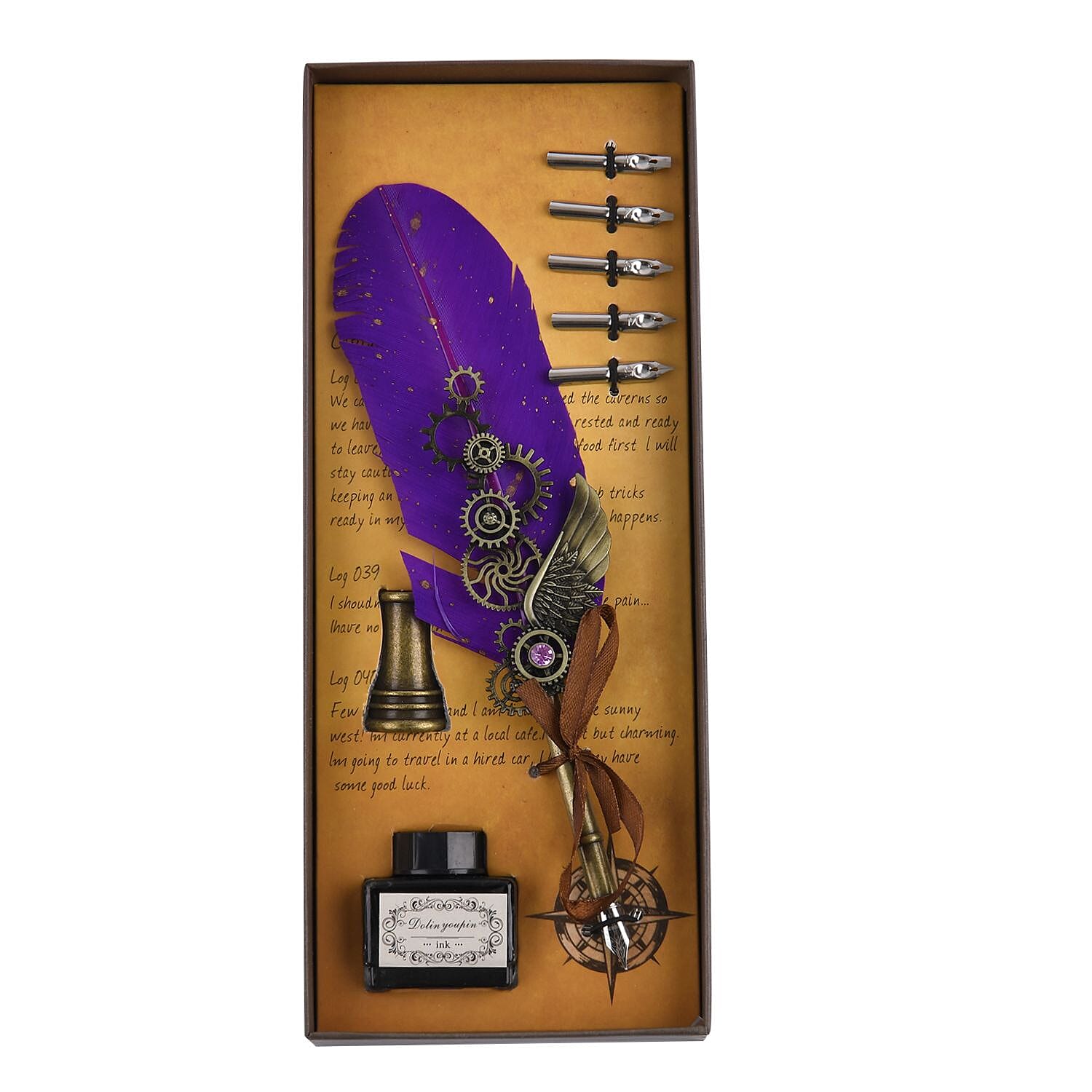 Vintage Carving Feather Pen Gift Box - Purple, Black & Gold