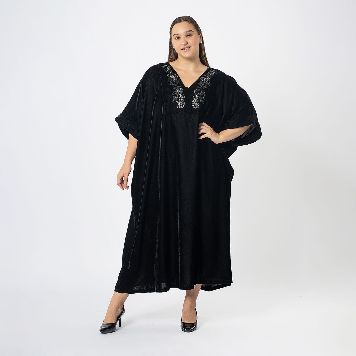 Front Yoke Embroidered Velvet Dress (One Size 8 -18) - Black