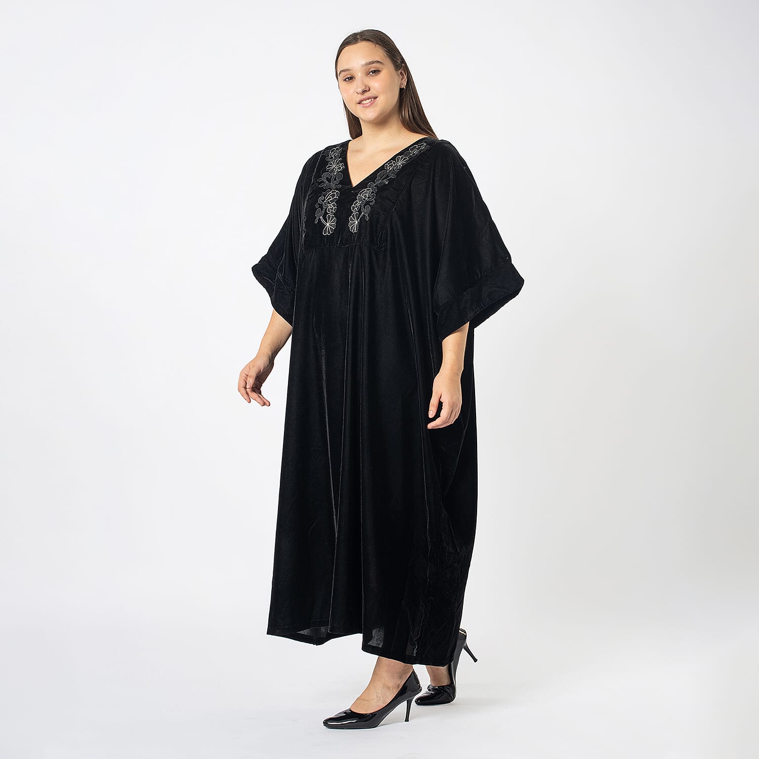 Front Yoke Embroidered Velvet Dress (One Size 8 -18) - Black