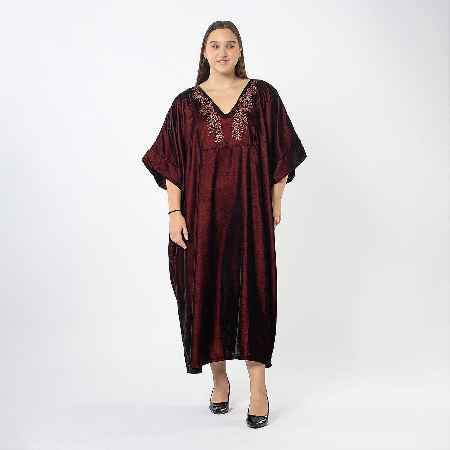  Front Yoke Embroidered Kaftan (One Size) - Black