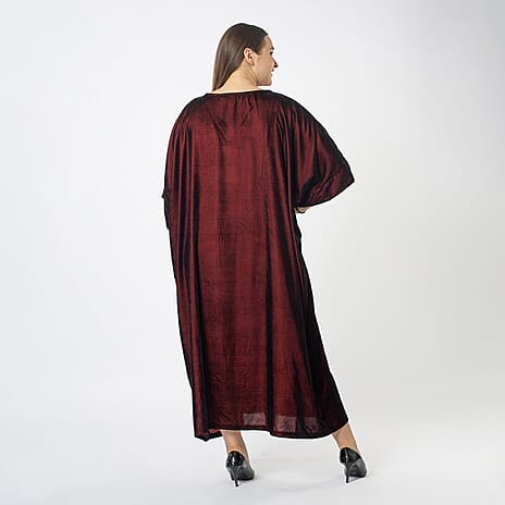 Front Yoke Embroidered Velvet Dress (One Size Curve 20 - 26) - Wine Red