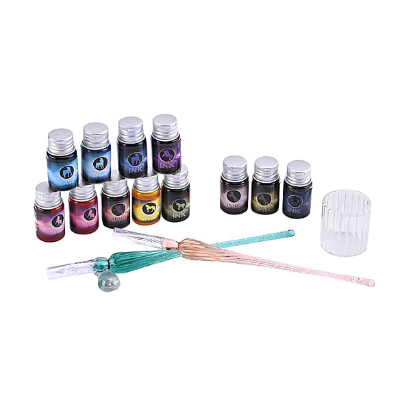 Glass Calligraphy Dip Pen & Ink Set Shimmering Colors