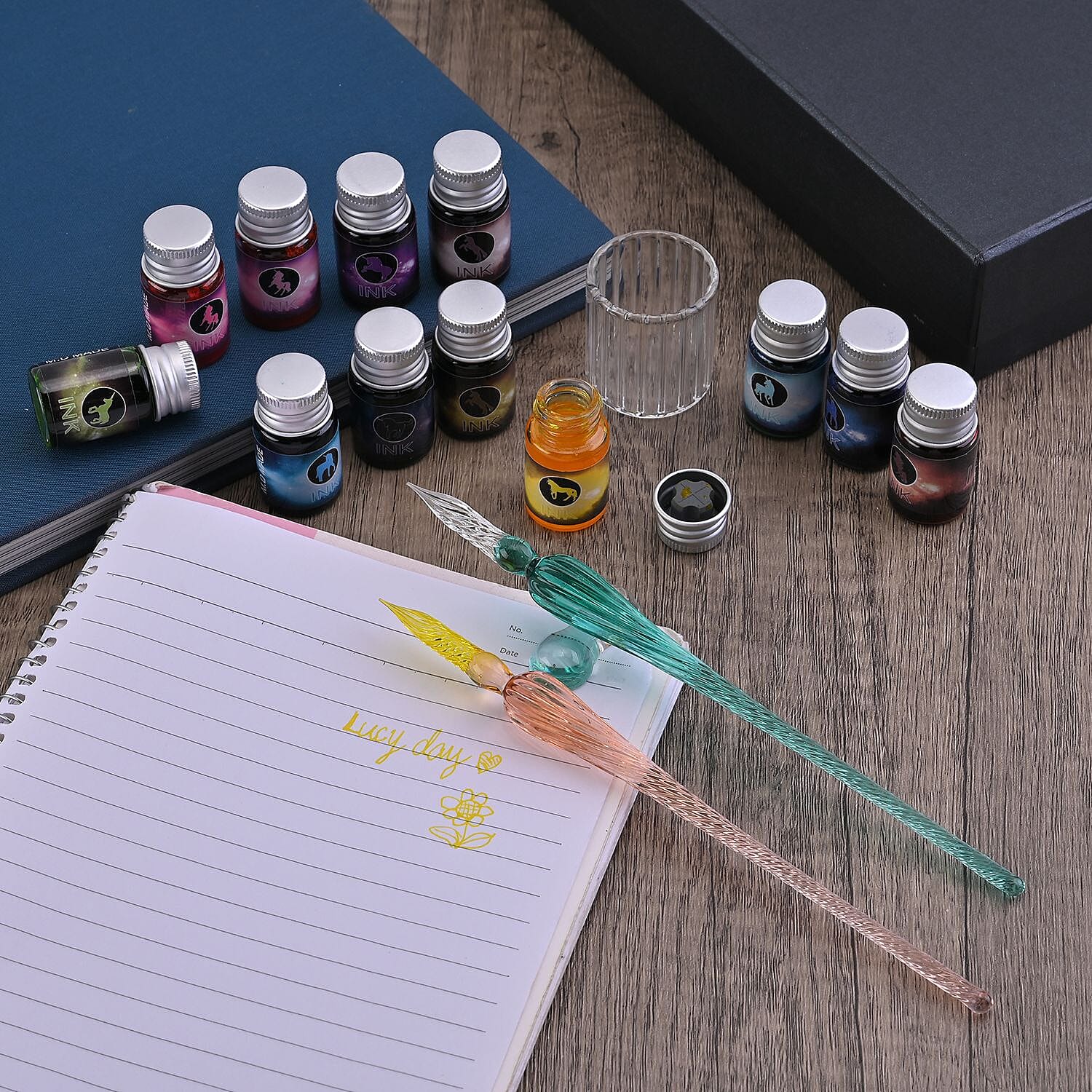 Exquisite Glass calligraphy Pen Set (Incl. 2 Crystal Glass Pens, 12 Bottles of Vibrant Colour Inks, Pen Holder and a Cleaning Cup)