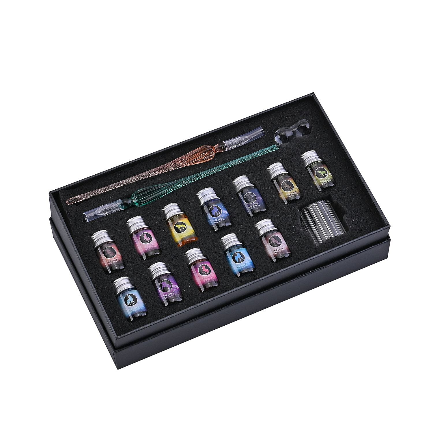 Exquisite Glass calligraphy Pen Set (Incl. 2 Crystal Glass Pens, 12 Bottles of Vibrant Colour Inks, Pen Holder and a Cleaning Cup)