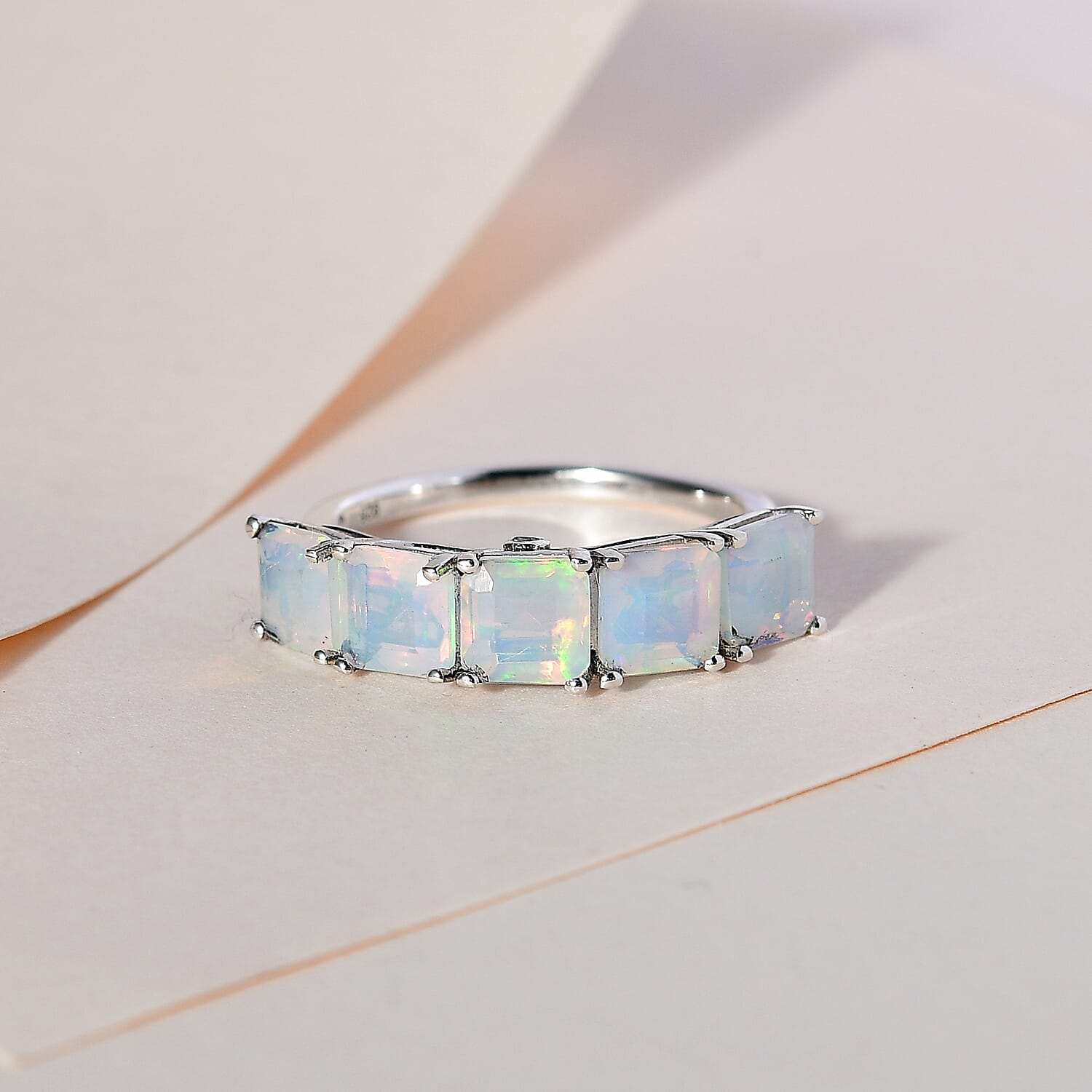 Ethiopian Welo Opal and Diamond  5 Stone Ring in Platinum Overlay Sterling Silver 2.00 Ct