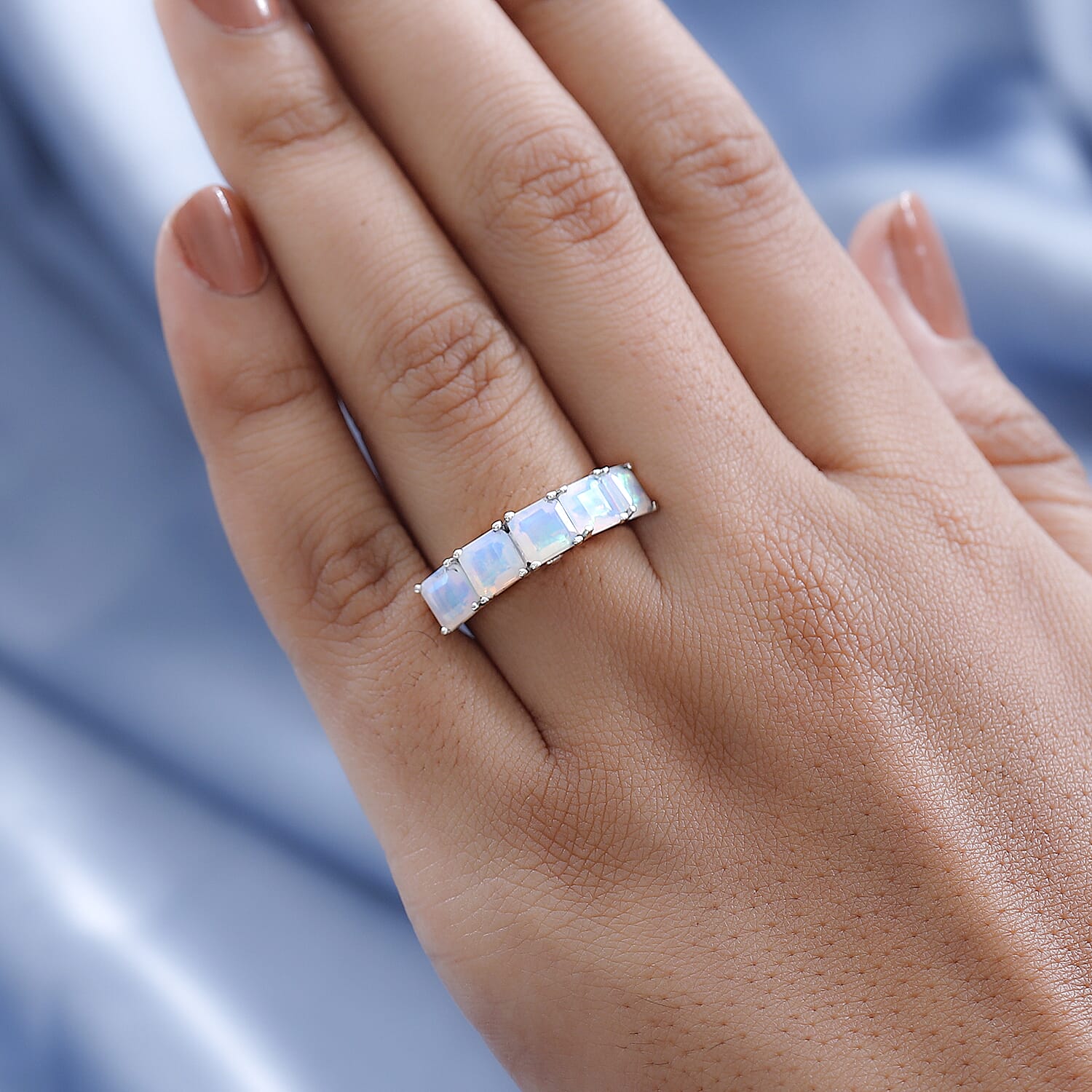 Ethiopian Welo Opal and Diamond  5 Stone Ring in Platinum Overlay Sterling Silver 2.00 Ct