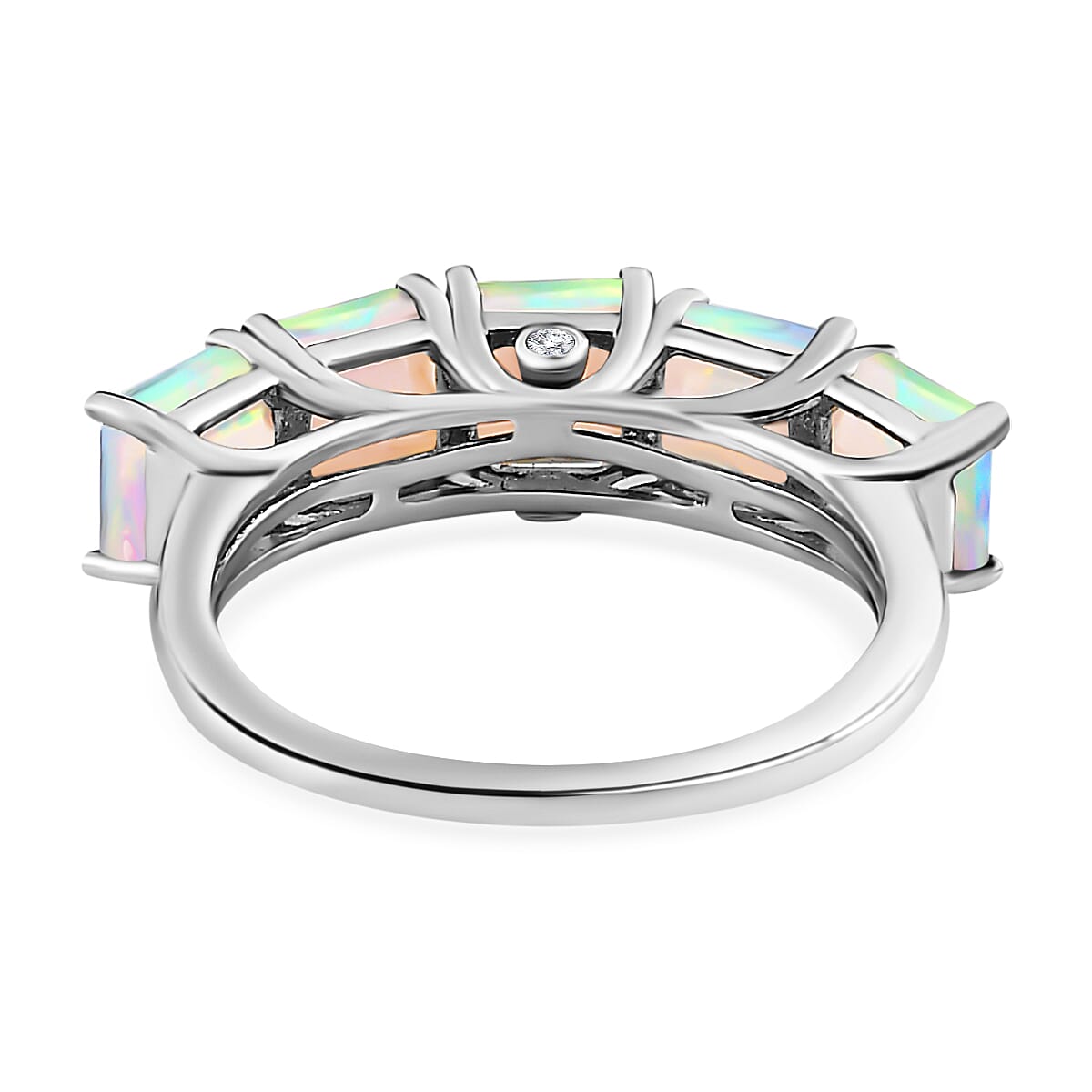 Ethiopian Welo Opal and Diamond  5 Stone Ring in Platinum Overlay Sterling Silver 2.00 Ct