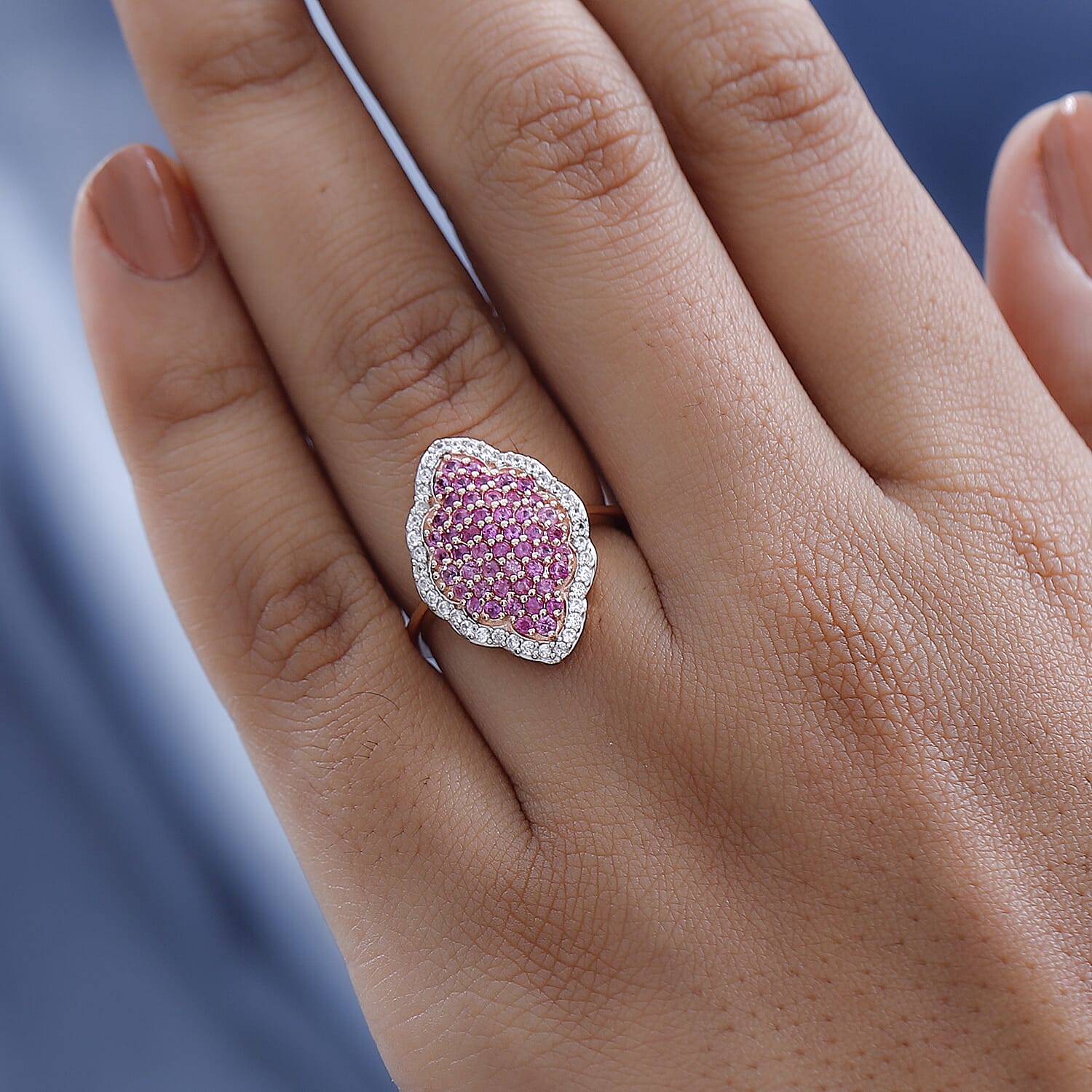 Madagascar Pink Sapphire & Natural Zircon Ring in 18K Rose Gold Vermeil Plated Sterling Silver 1.39 Ct.