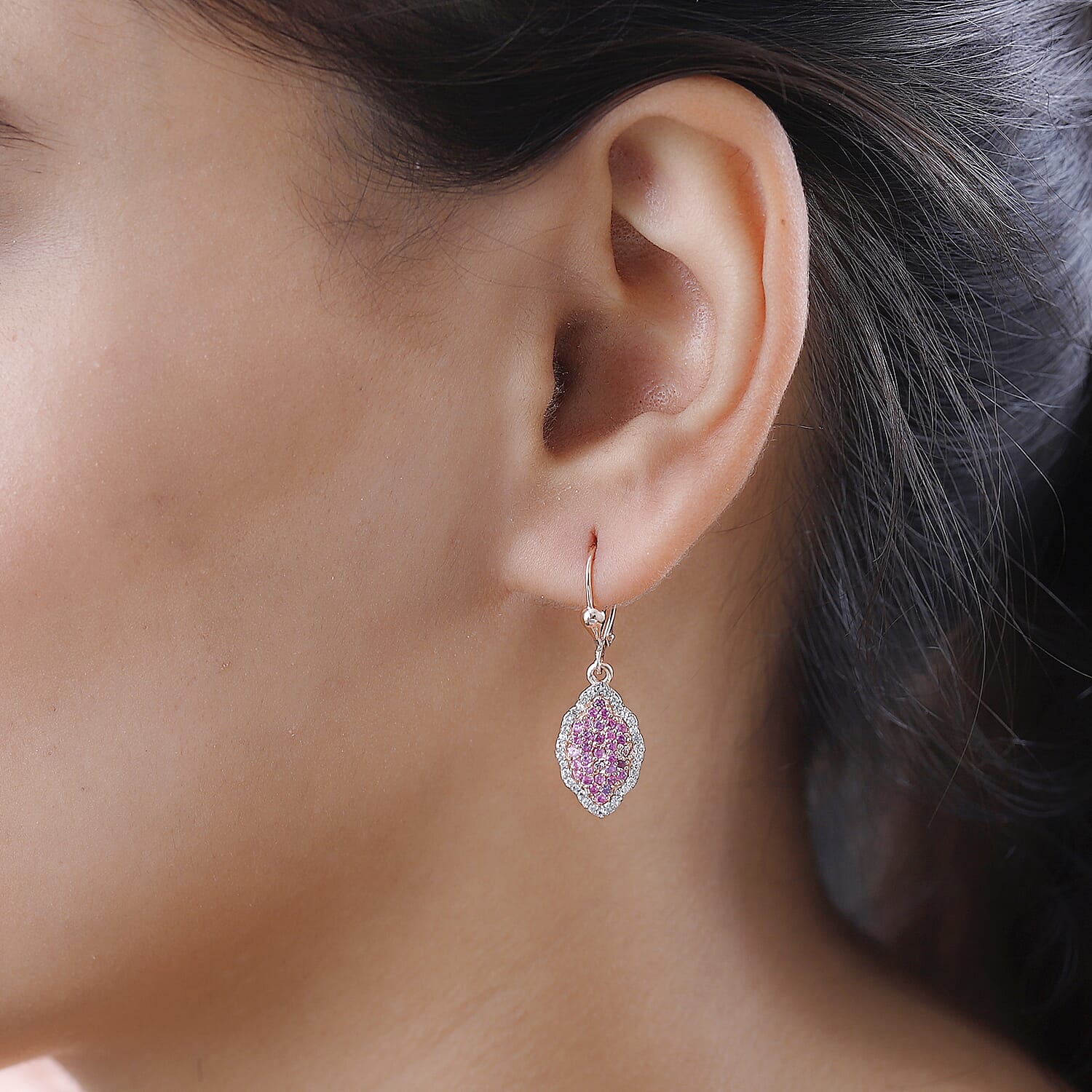 Pink Sapphire & Natural Zircon Earrings in 18K Rose Gold Vermeil Plated Sterling Silver 1.86 Ct.