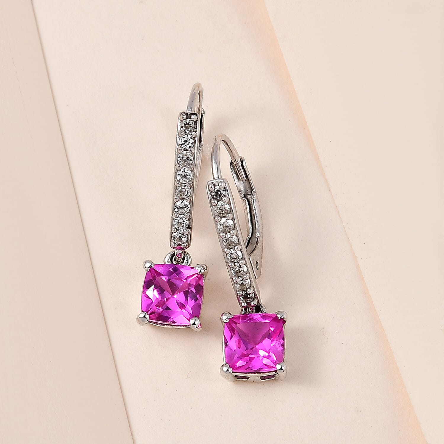 Premium Lab Created Pink Sapphire and Natural Zircon Dangle Earrings in Platinum Overlay Sterling Silver 3.25 Ct
