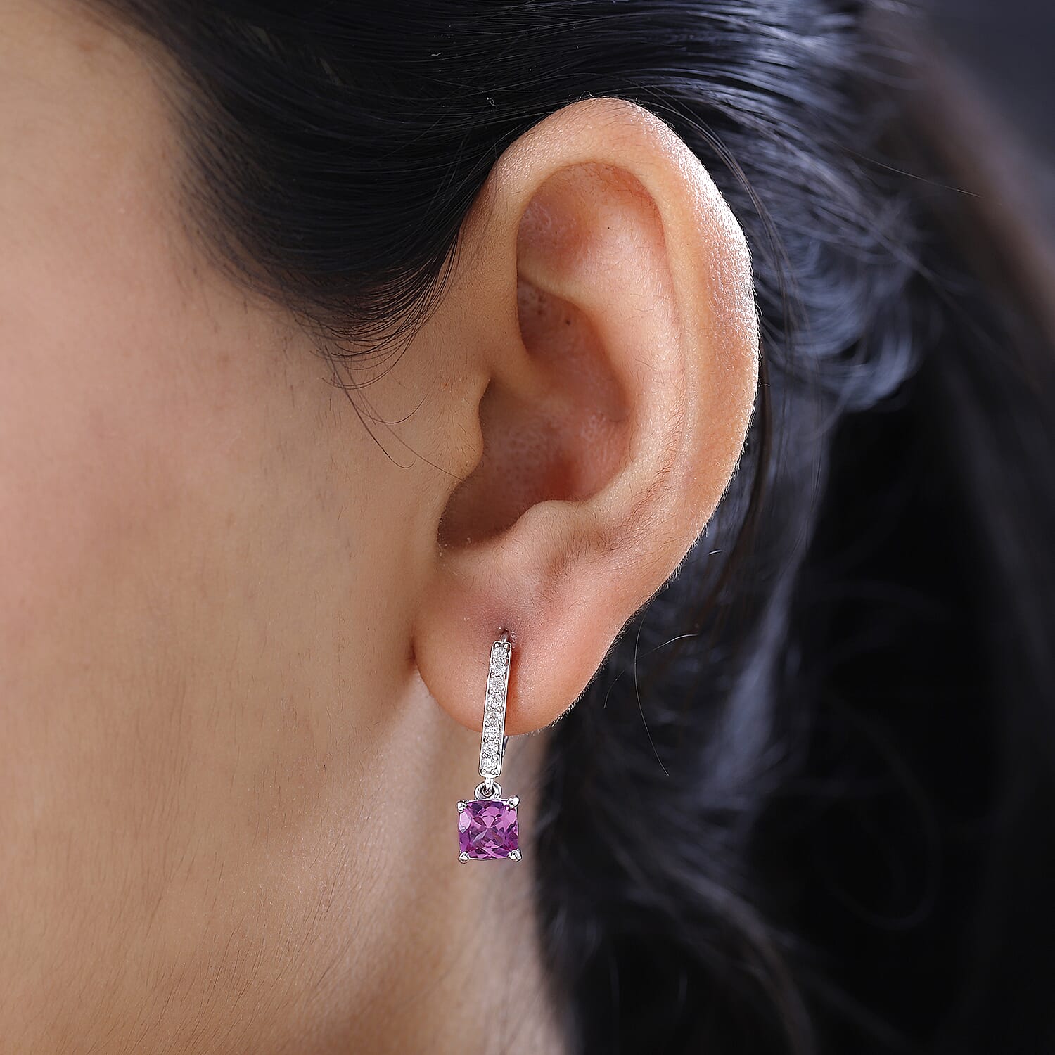 Premium Lab Created Pink Sapphire and Natural Zircon Dangle Earrings in Platinum Overlay Sterling Silver 3.25 Ct