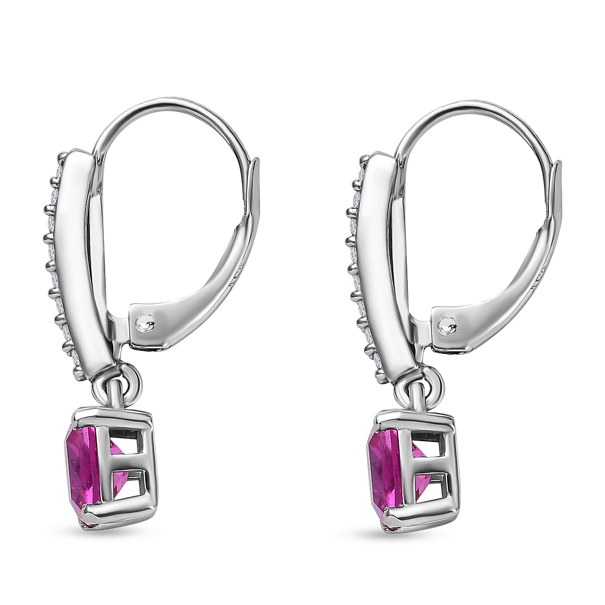 Premium Lab Created Pink Sapphire and Natural Zircon Dangle Earrings in Platinum Overlay Sterling Silver 3.25 Ct