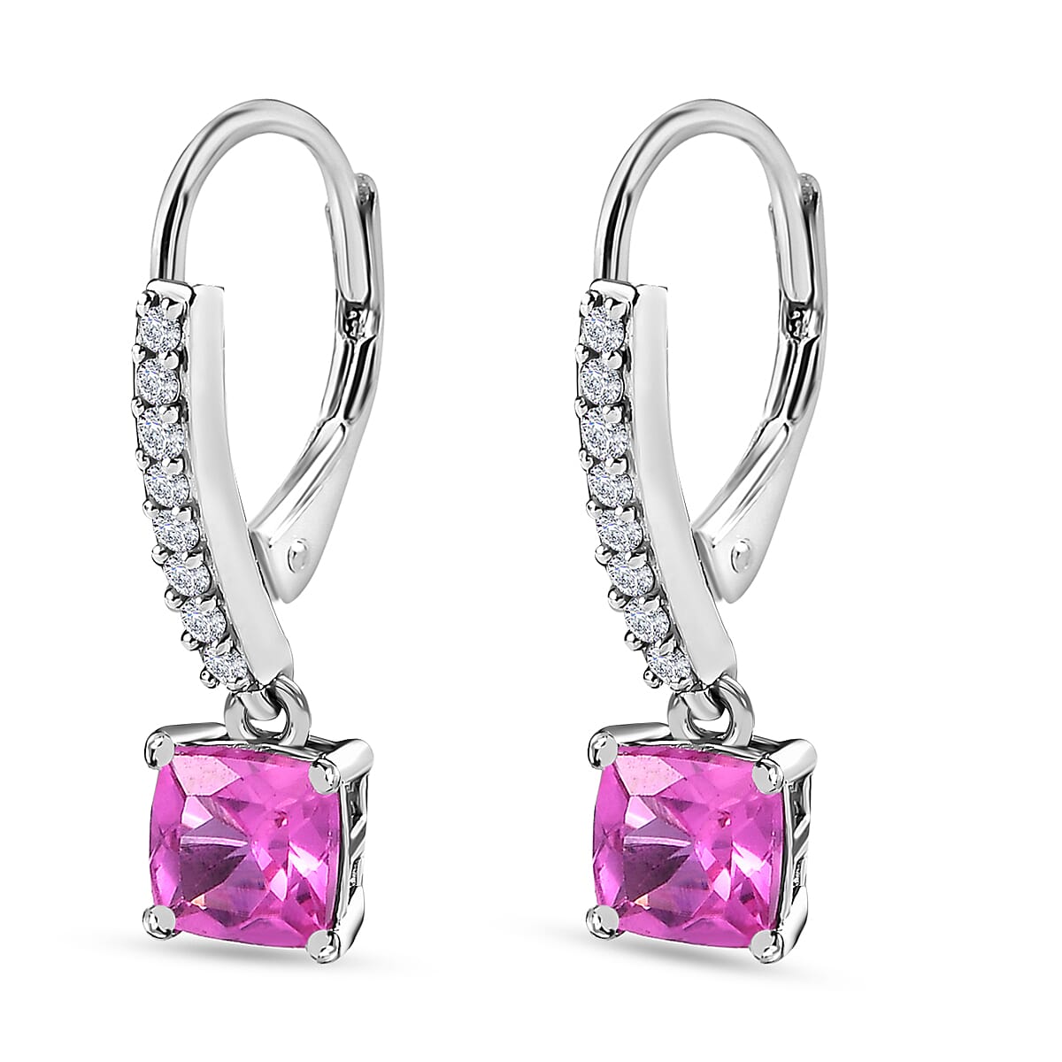 Premium Lab Created Pink Sapphire and Natural Zircon Dangle Earrings in Platinum Overlay Sterling Silver 3.25 Ct