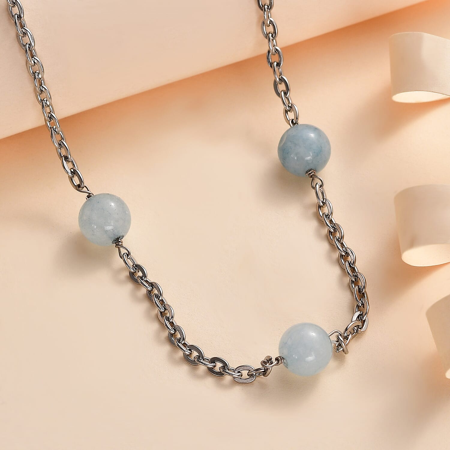 Milky Aquamarine Beads Necklace (Size-24) in Stainless Steel 21.04 Ct.