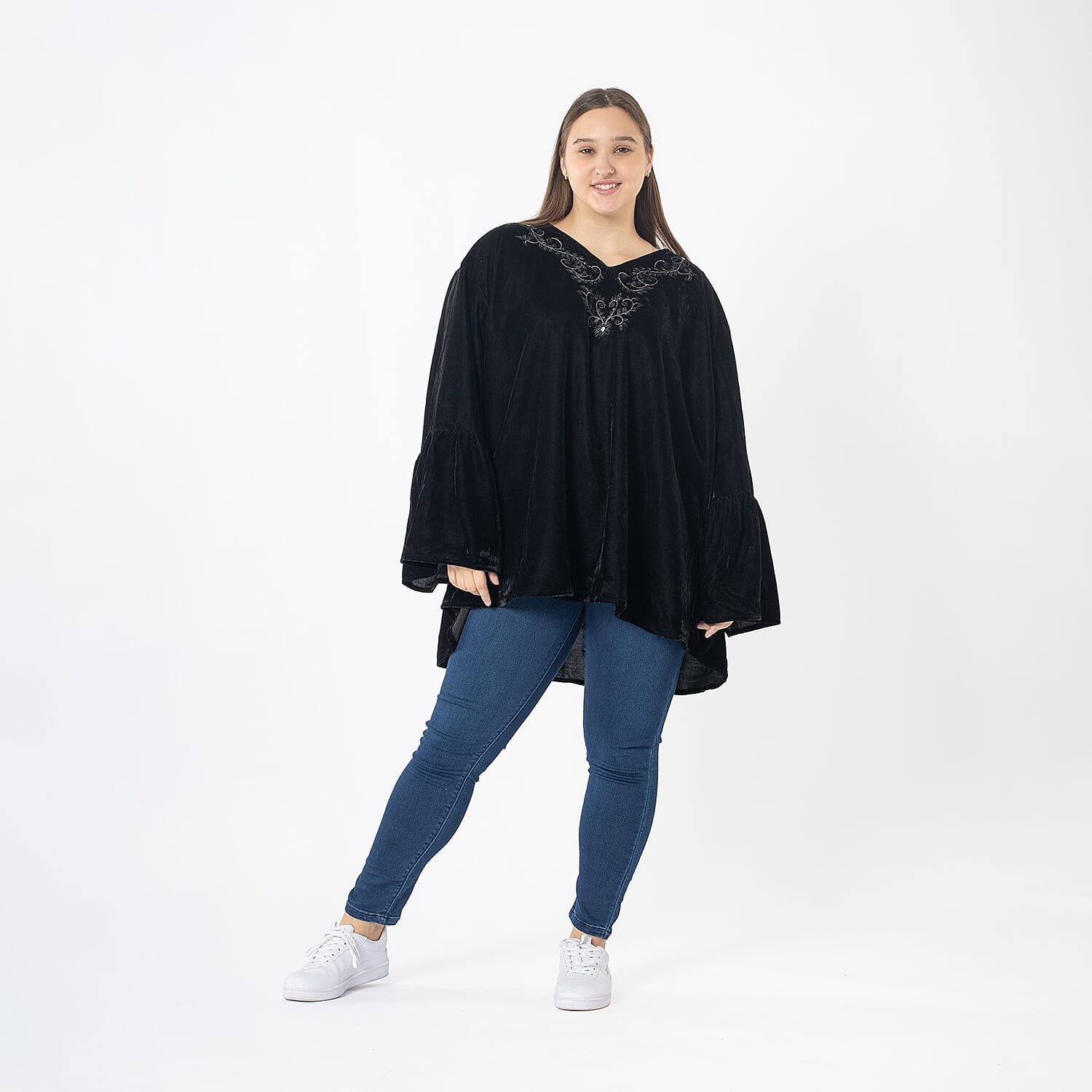 Front Yoke Embroidered Velvet Top (One Size 8 - 18) - Black