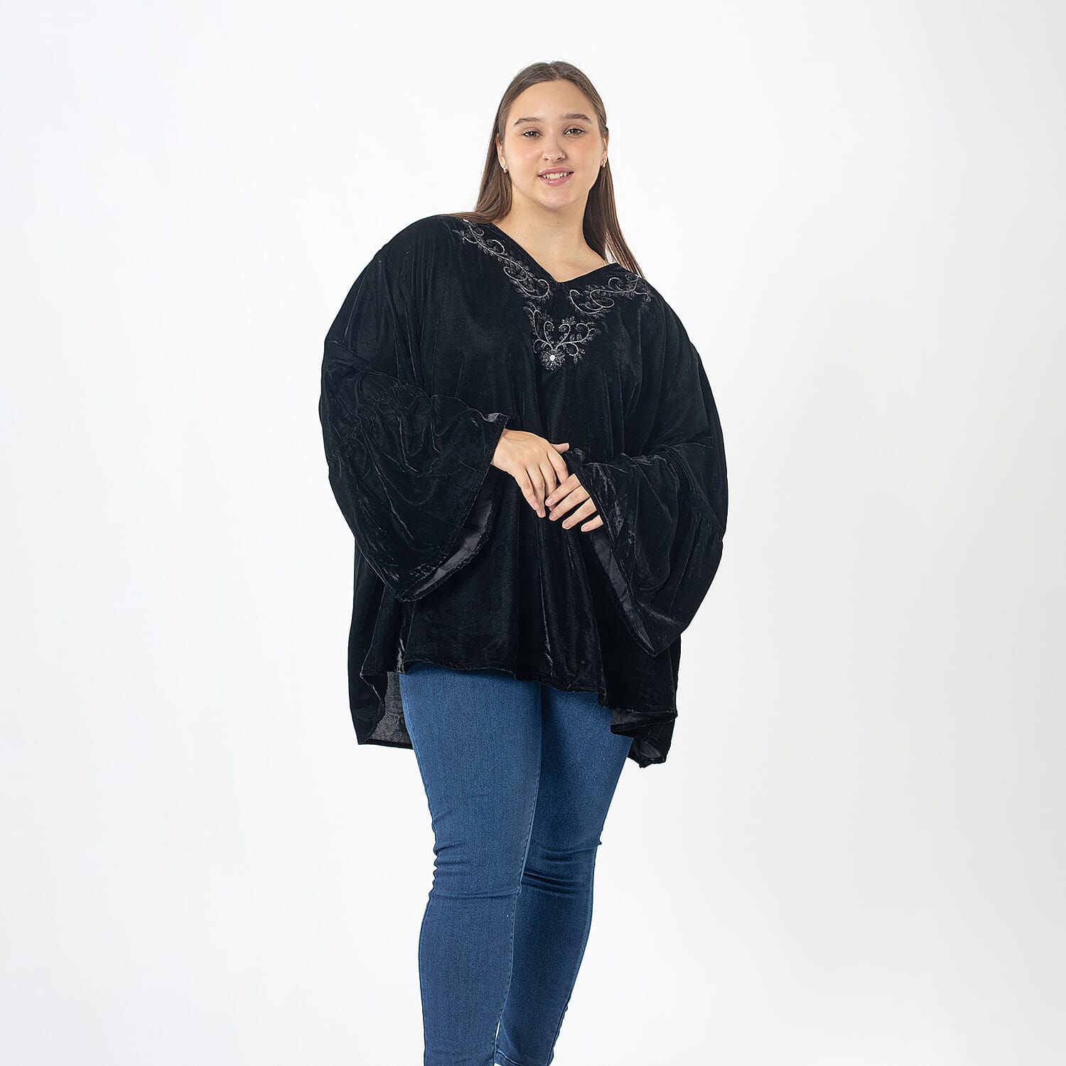 Front Yoke Embroidered Velvet Top (One Size 8 - 18) - Black