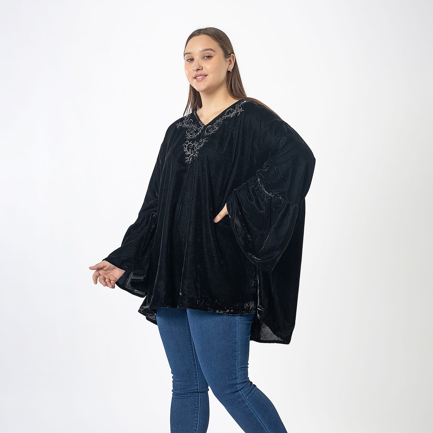 Front Yoke Embroidered Top (One Size) - Black