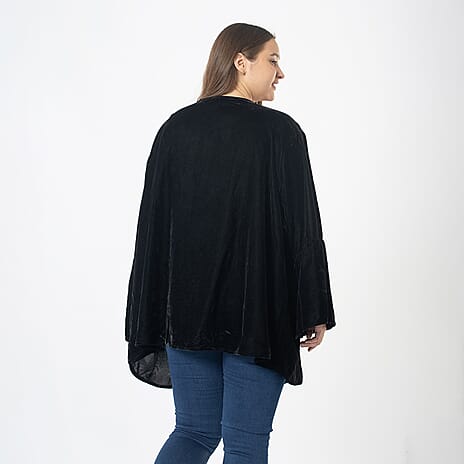 Front Yoke Embroidered Velvet Top (One Size Curve 20 - 26) - Black