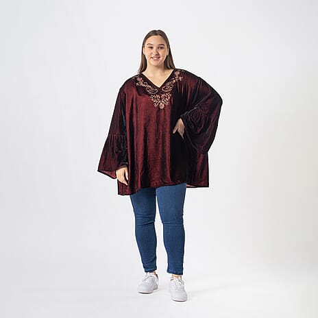 Front Yoke Embroidered Velvet Top (One Size 8 - 18) - Wine Red