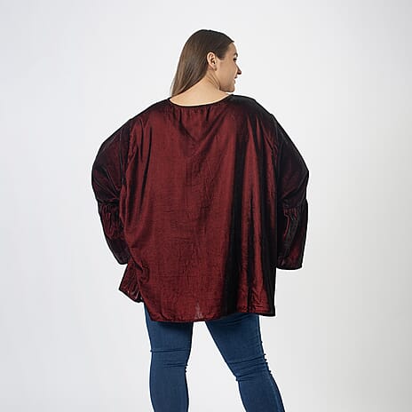 Front Yoke Embroidered Velvet Top (One Size Curve 20- 26) - Wine Red